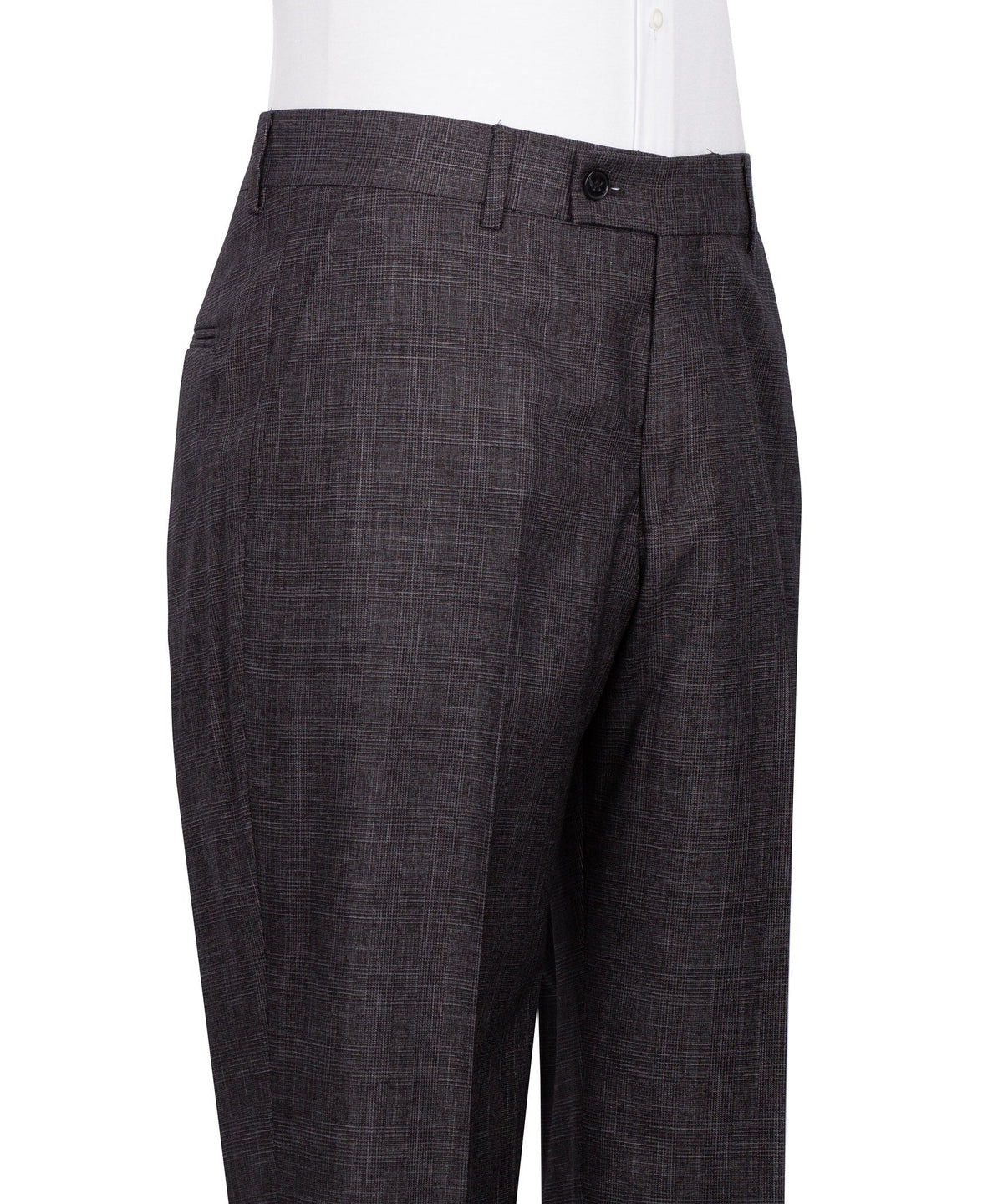 Dark plaid dress trousers with belt loops and front button closure