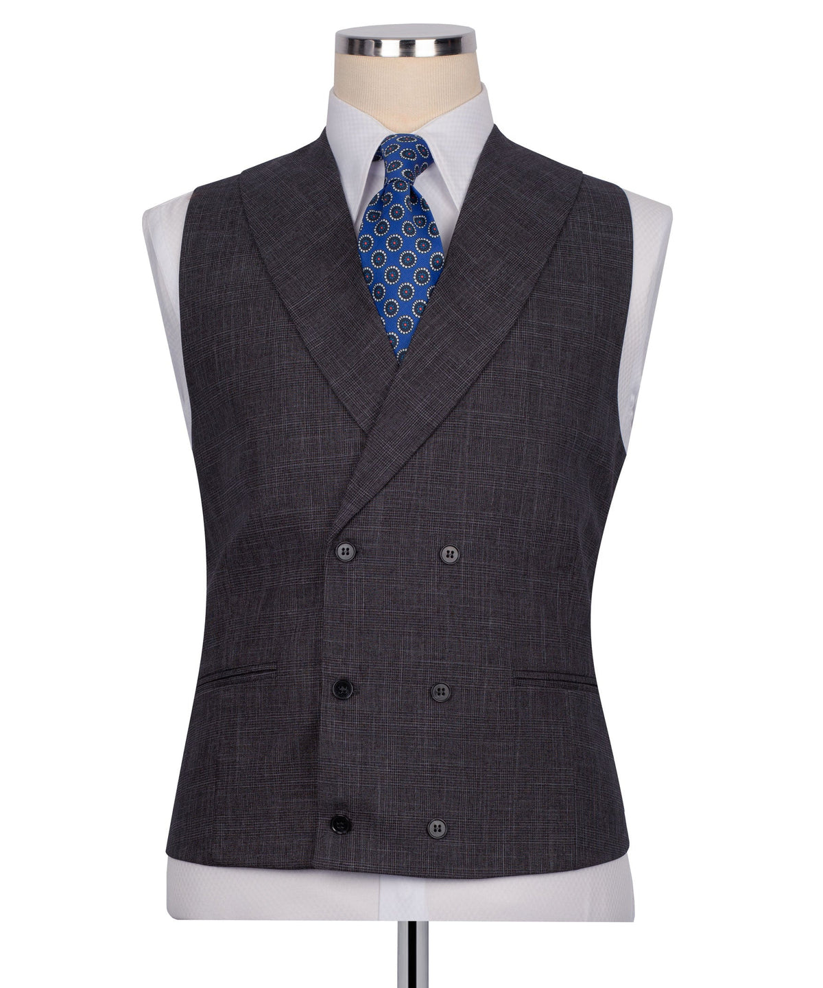 Dark plaid waistcoat with blue patterned tie; vest buttons and V-neck styling