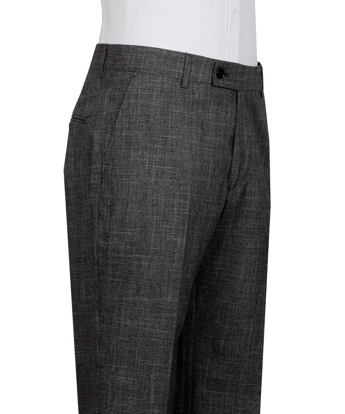Black plaid men's suit trousers with waistband, front button, and crease detailing