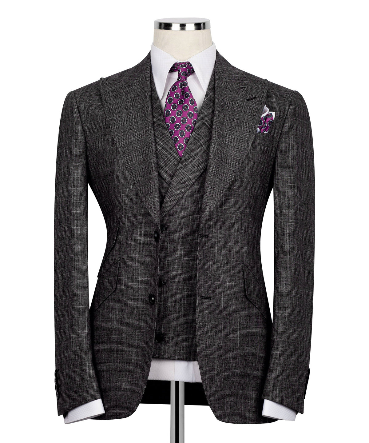 Black plaid men's suit jacket with notch lapels, purple patterned tie and pocket square