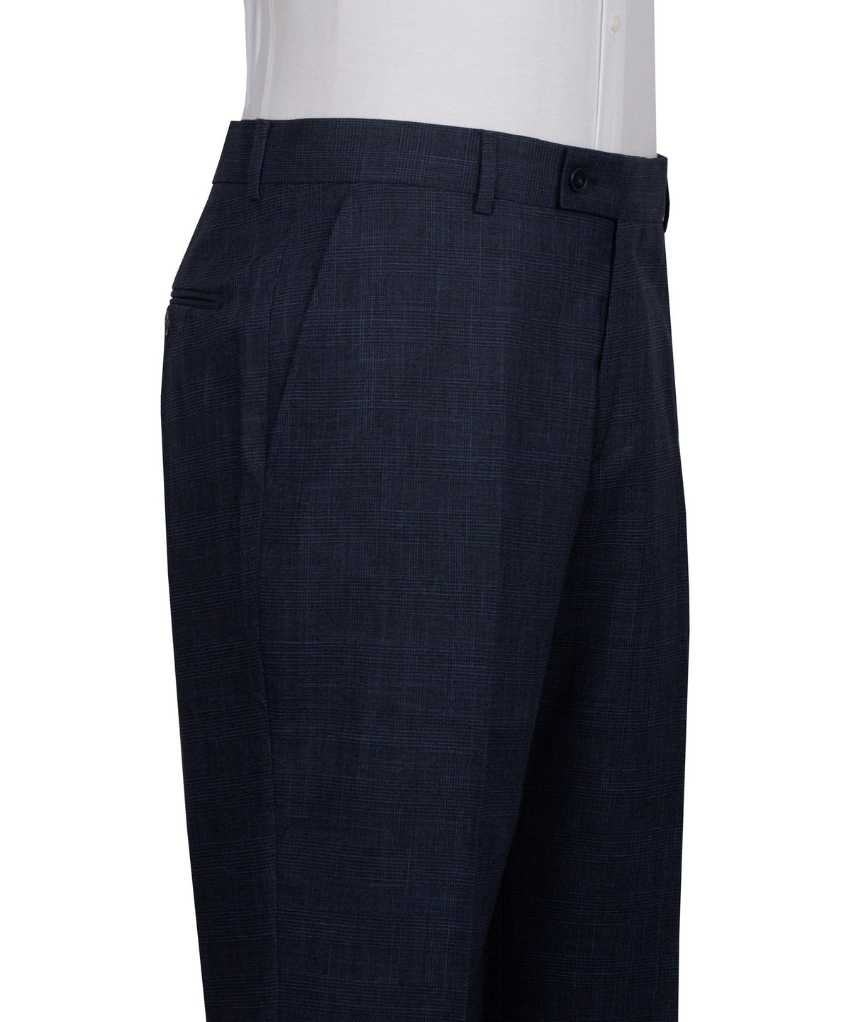 Dark navy dress trousers with belt loops and front crease