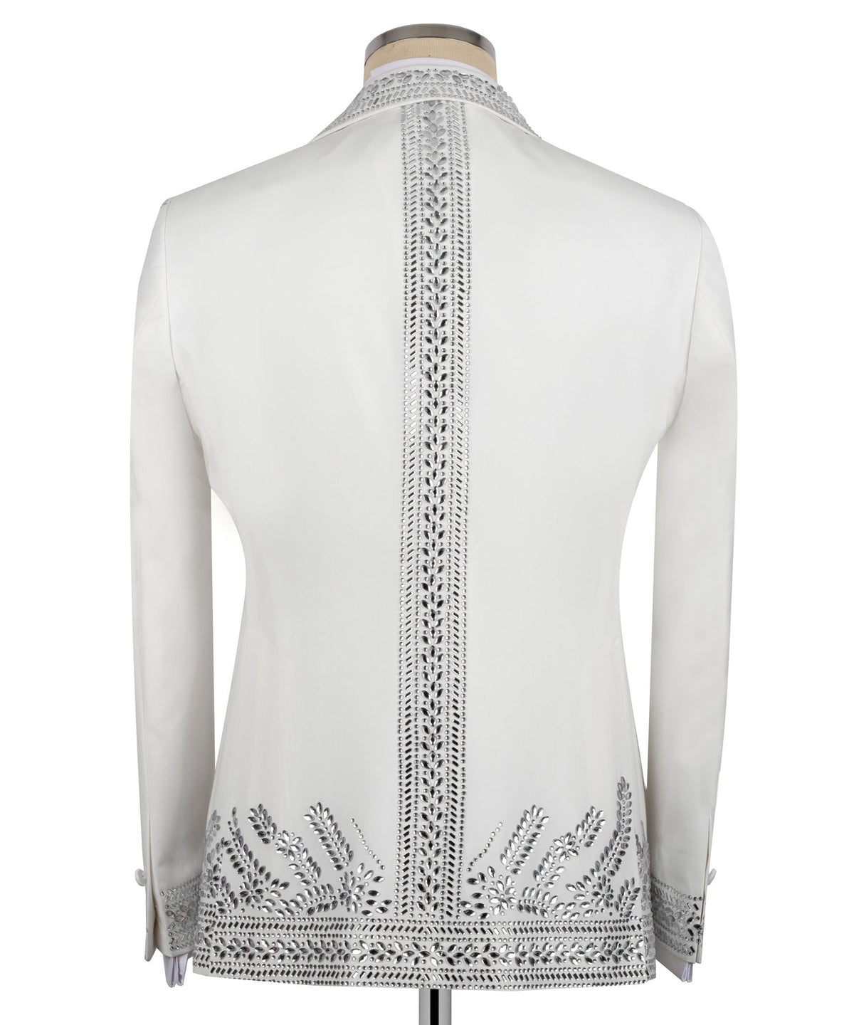 Back view of white tuxedo jacket with vertical silver-tone stone trim