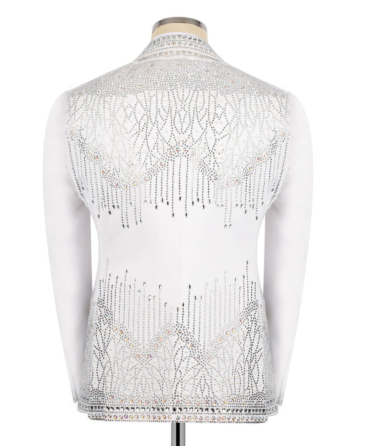 Men’s white tuxedo jacket back with crystal embroidery and bead fringe