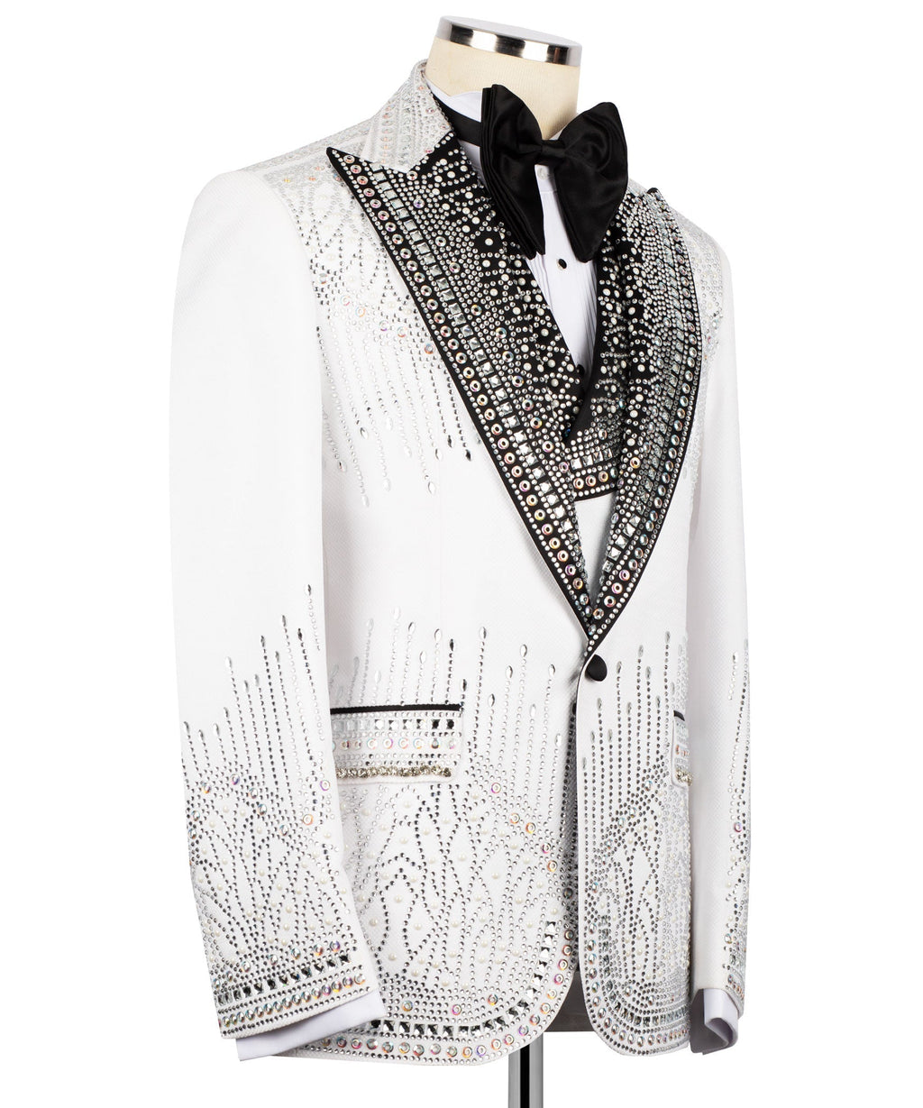Men’s white tuxedo jacket with black satin bow tie and crystal trim stripe