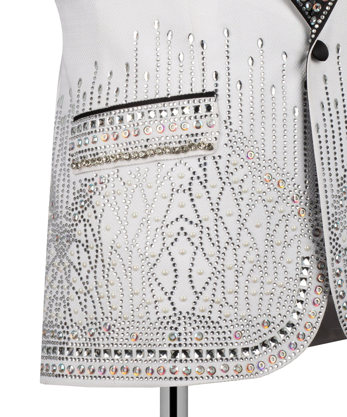 White tuxedo jacket panel with crystal beadwork, multicolor accents, and black border
