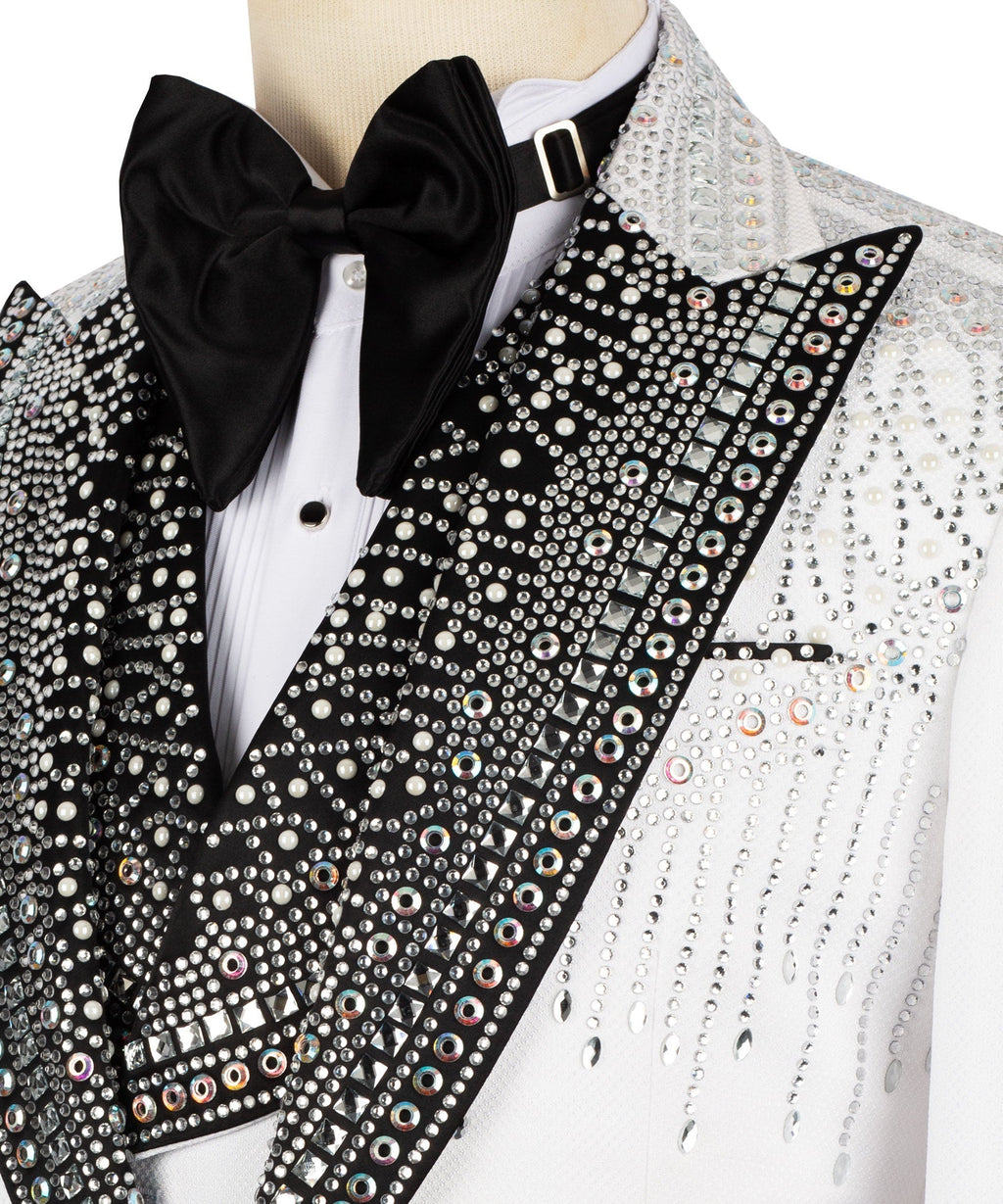 Black satin bow tie and crystal-embellished tuxedo lapel with patterned trim