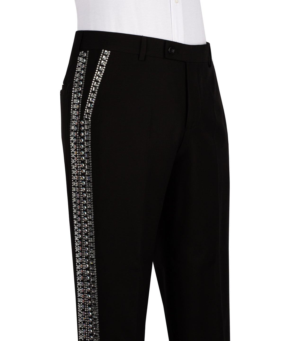 Black tuxedo trousers front with vertical crystal stripe and button waistband