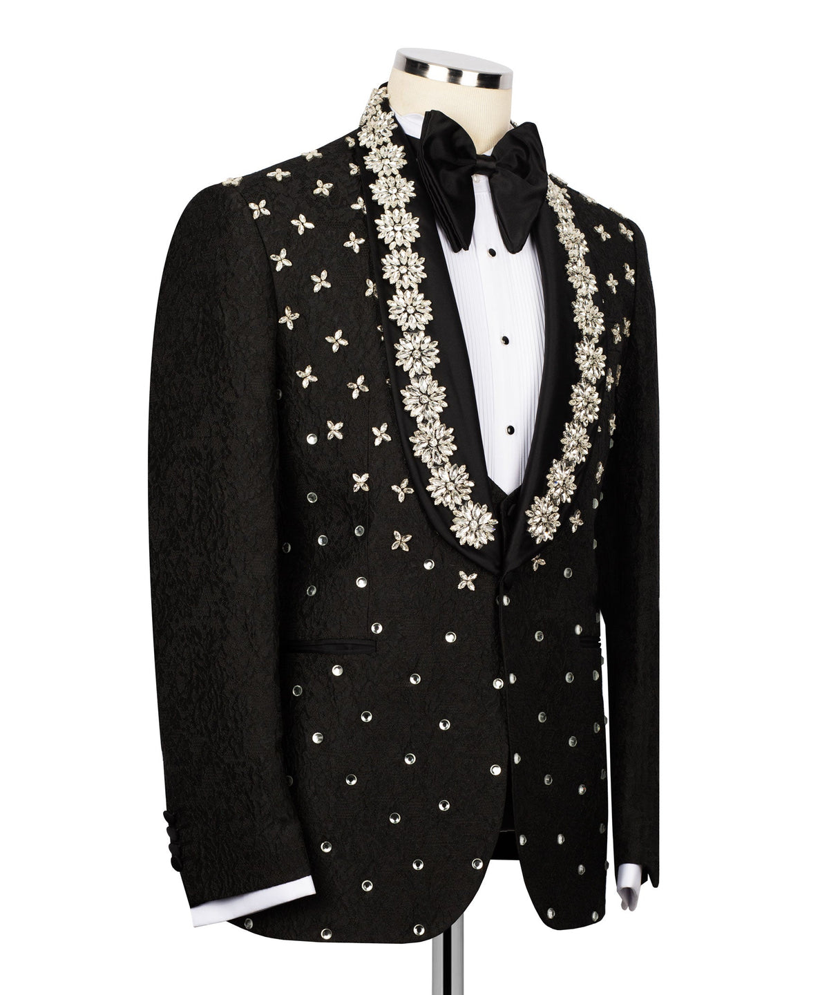 Black tuxedo jacket with floral vine and butterfly embroidery across chest and pockets