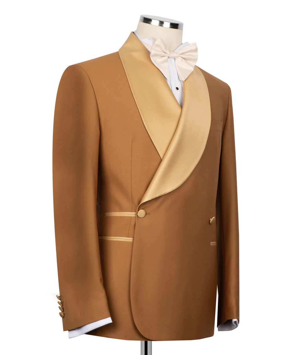 Tan tuxedo jacket side view, cream satin shawl collar and flap pocket