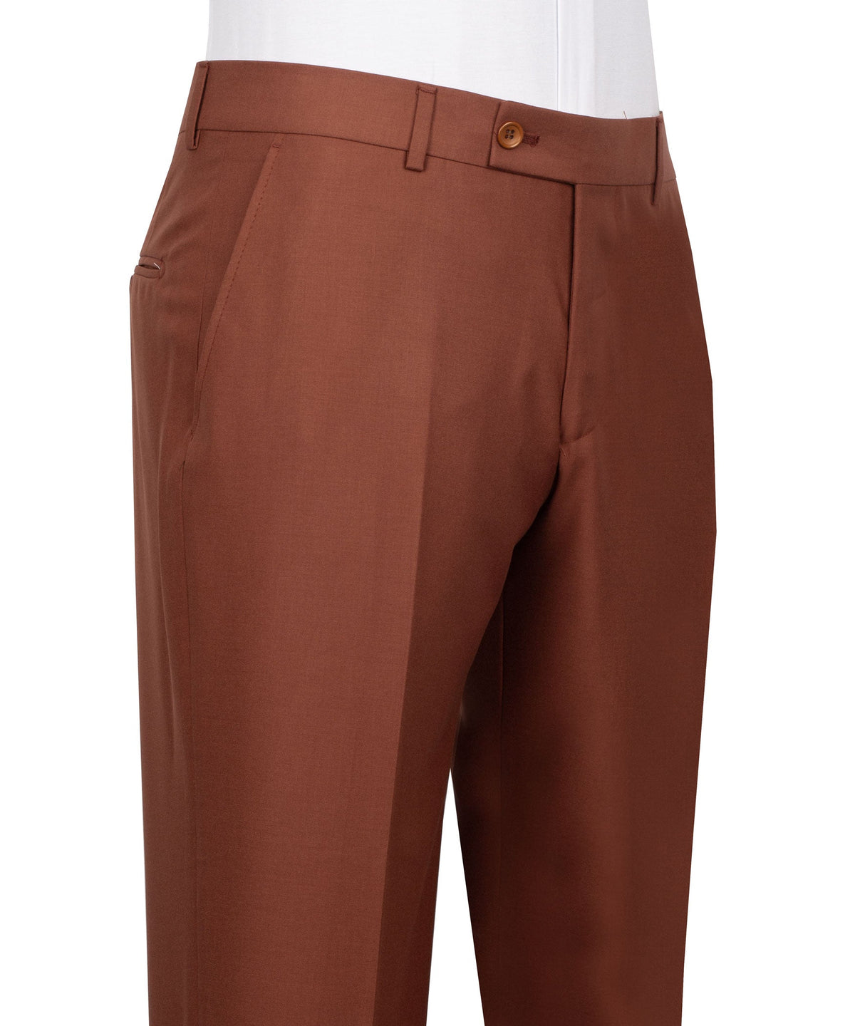 Brick color tuxedo trousers with flat-front waistband, belt loops, and gold button