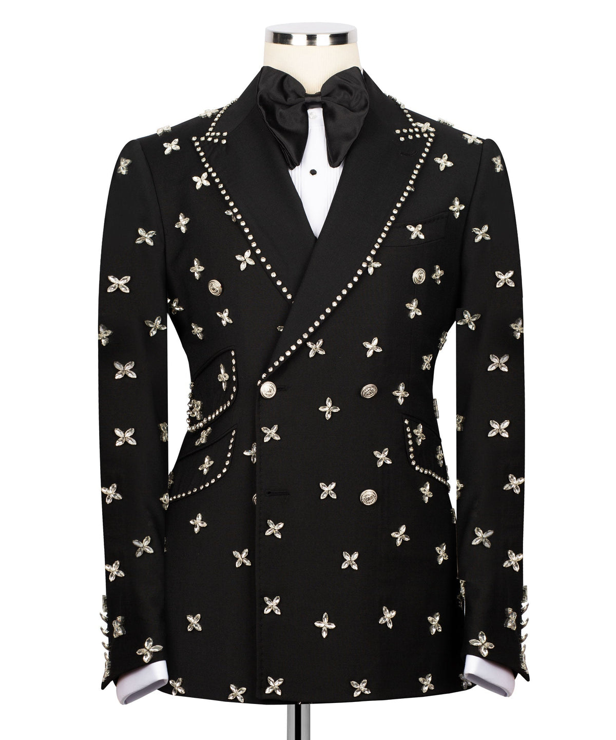 Black tuxedo jacket with butterfly embroidery, rhinestone lapel trim, and black bow tie