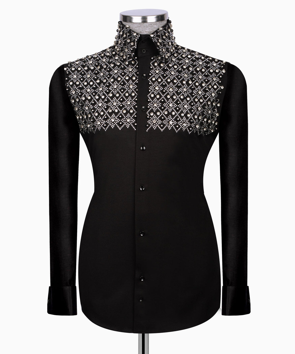 Black men's formal shirt, long sleeves, silver stone-embroidered yoke and front