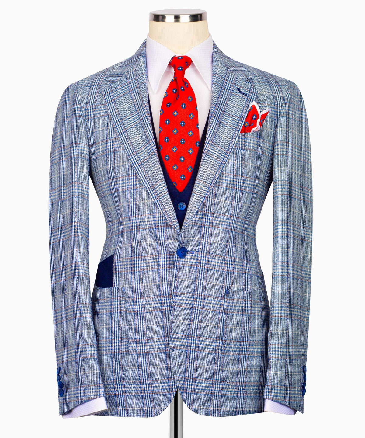 Light blue plaid three-piece suit jacket with red patterned tie and welt pockets