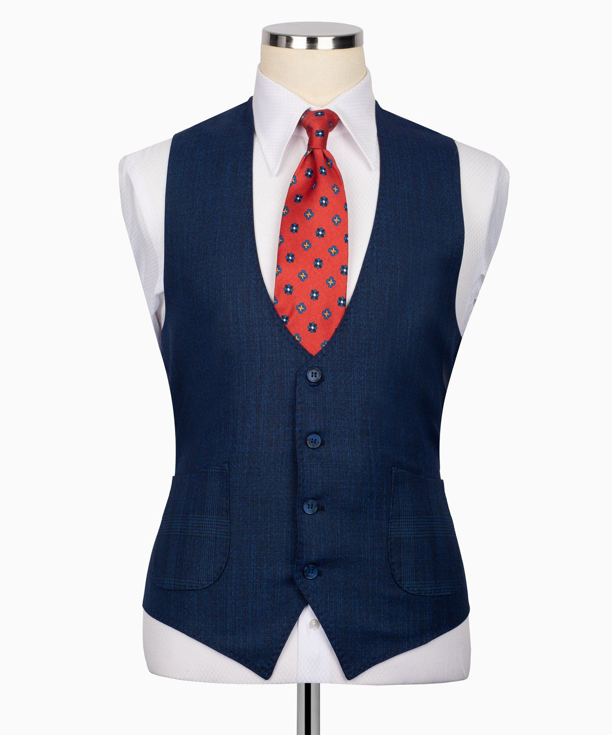 Navy plaid suit vest with button front and red patterned tie