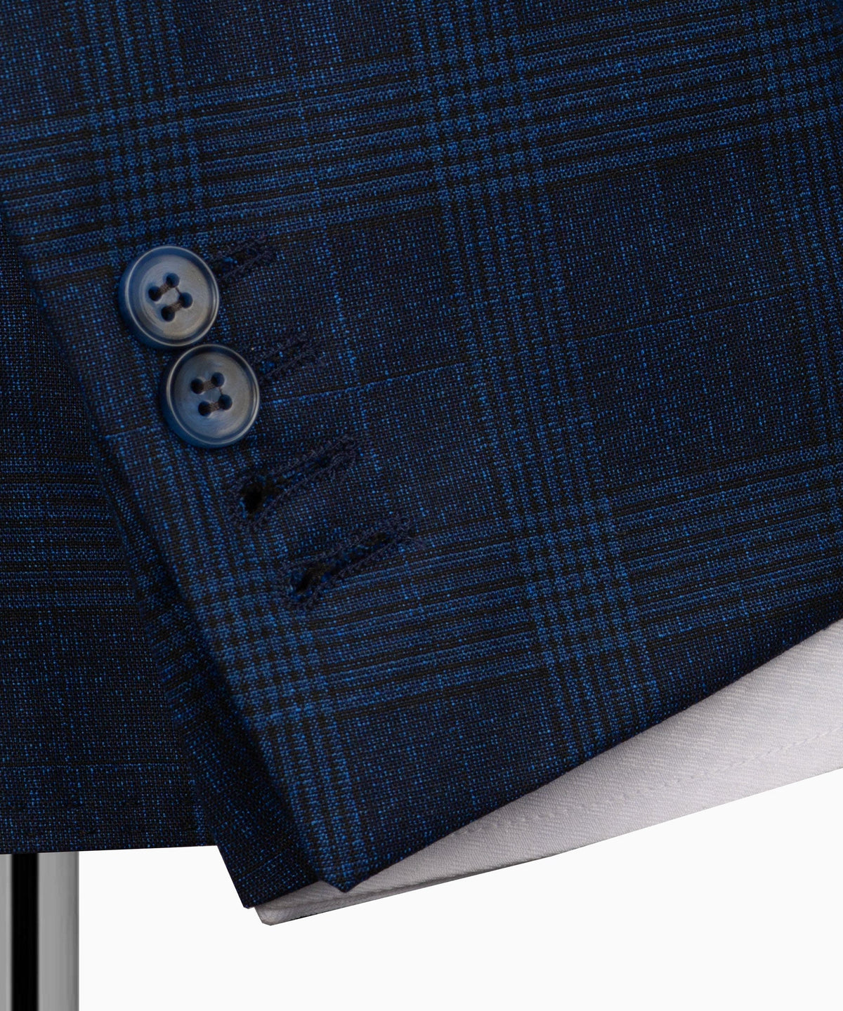 Navy plaid jacket with dark buttons and fine grid/check texture