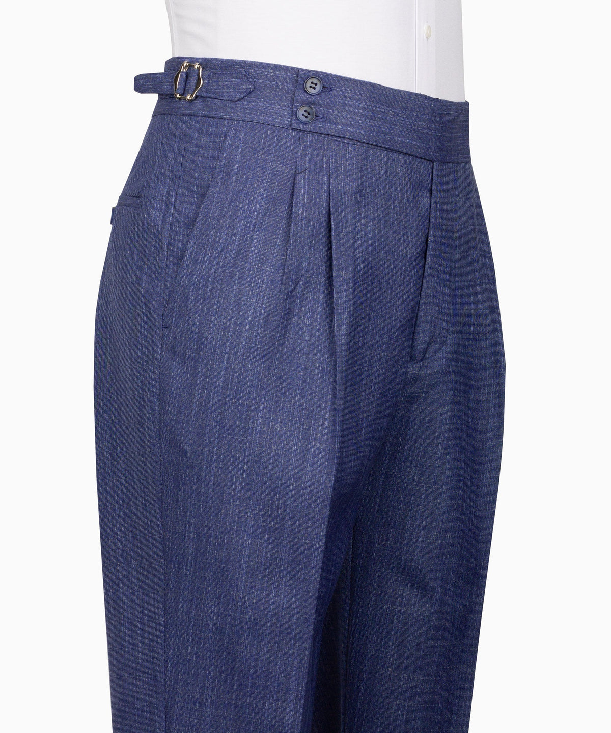 Blue plaid dress pants with front pleats, belt loops, and zip fly with button closure