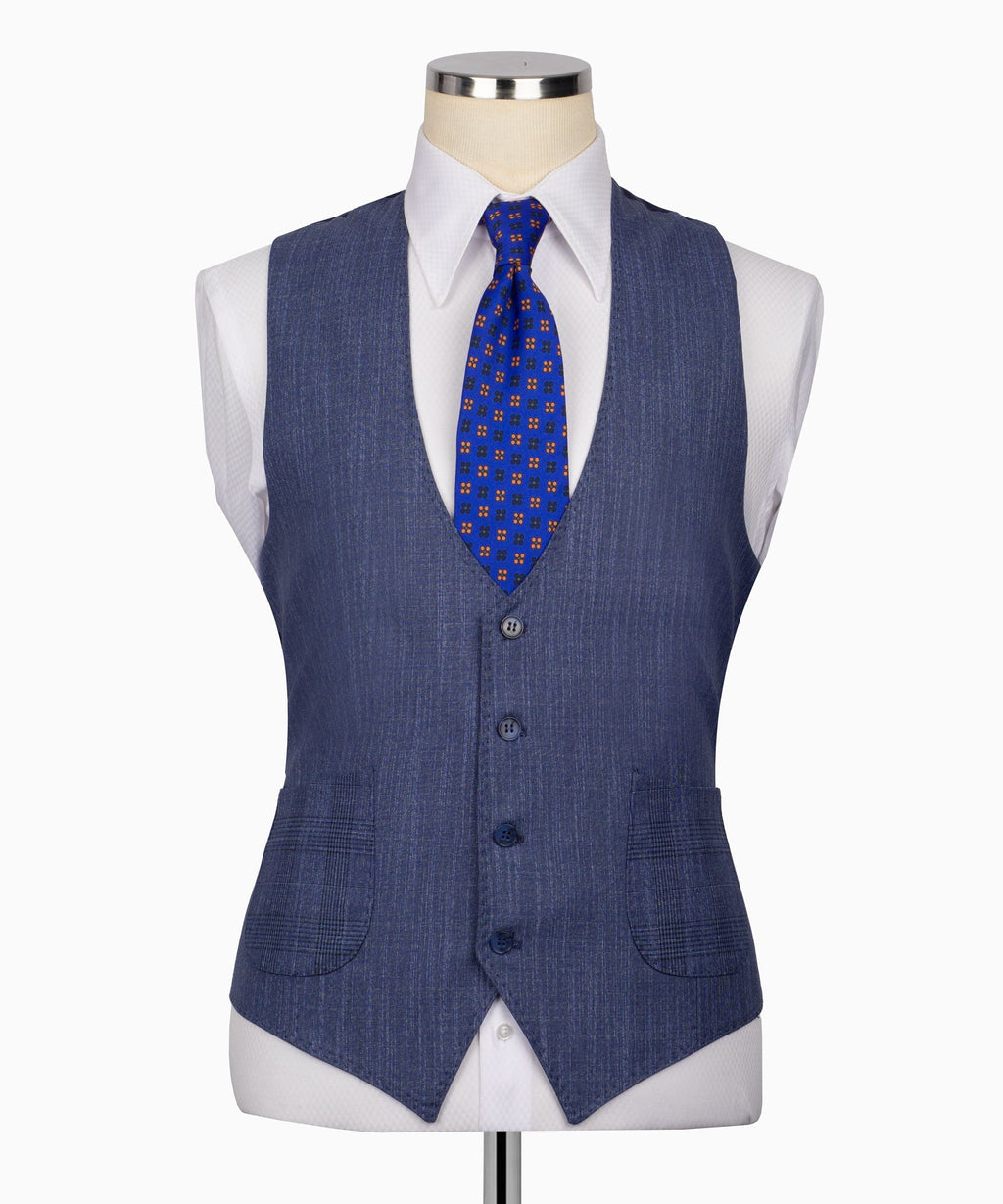 Blue plaid suit vest with button front, styled with tie and suit jacket