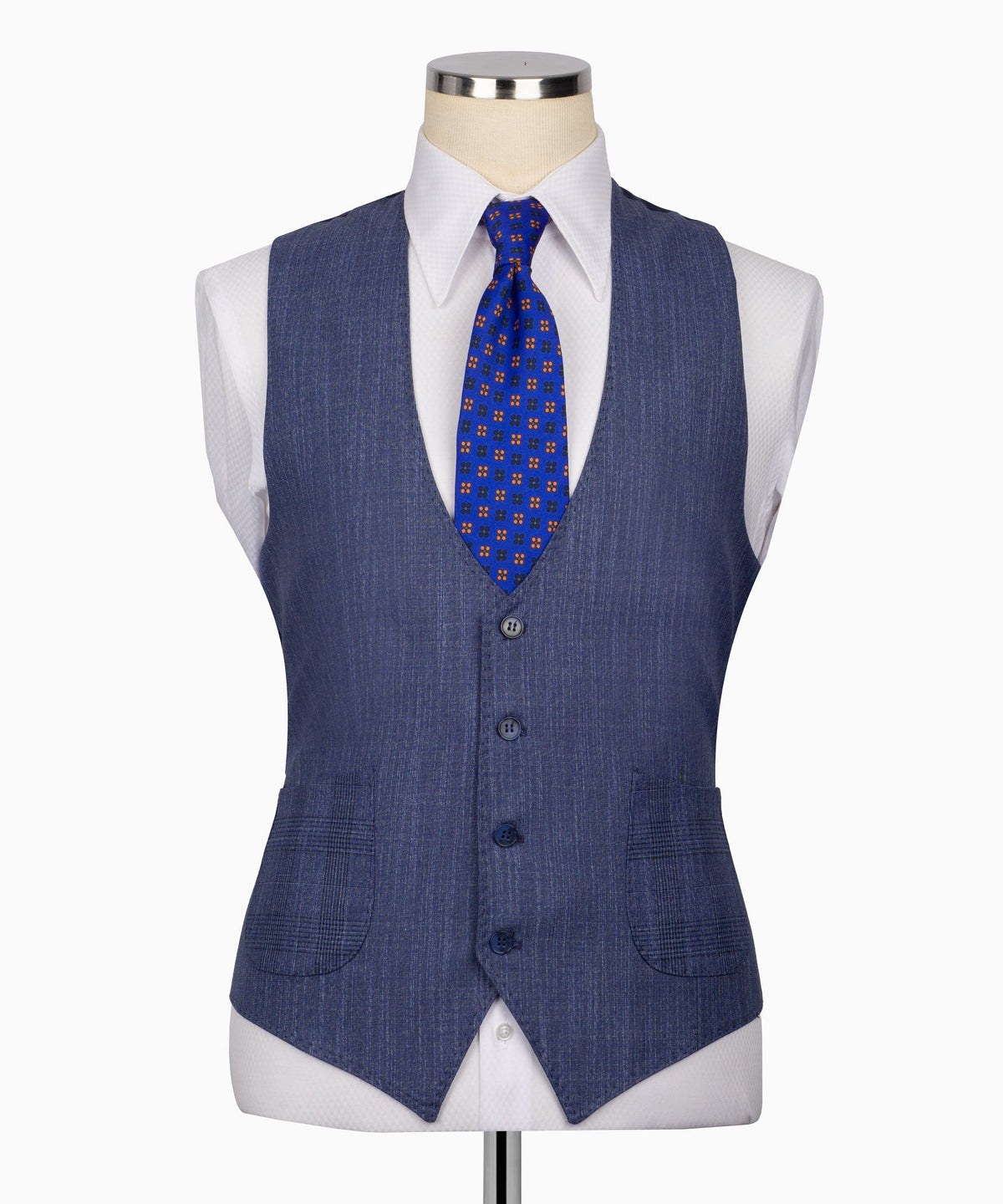 Blue plaid suit vest with button front, styled with tie and suit jacket