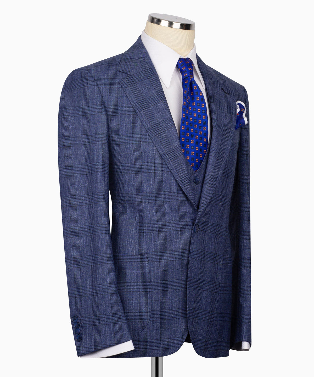Plaid blue three-piece suit jacket detail with notch lapels and matching vest