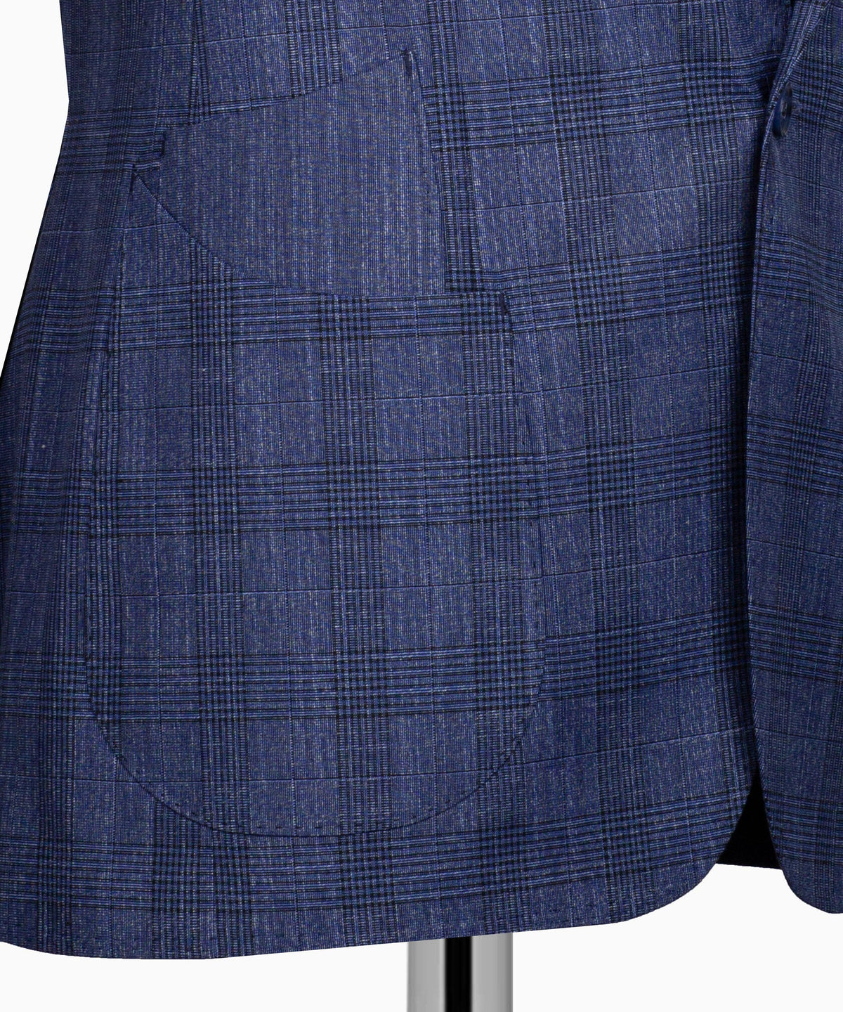 Close-up of blue plaid vest with smooth button placket and subtle grid pattern