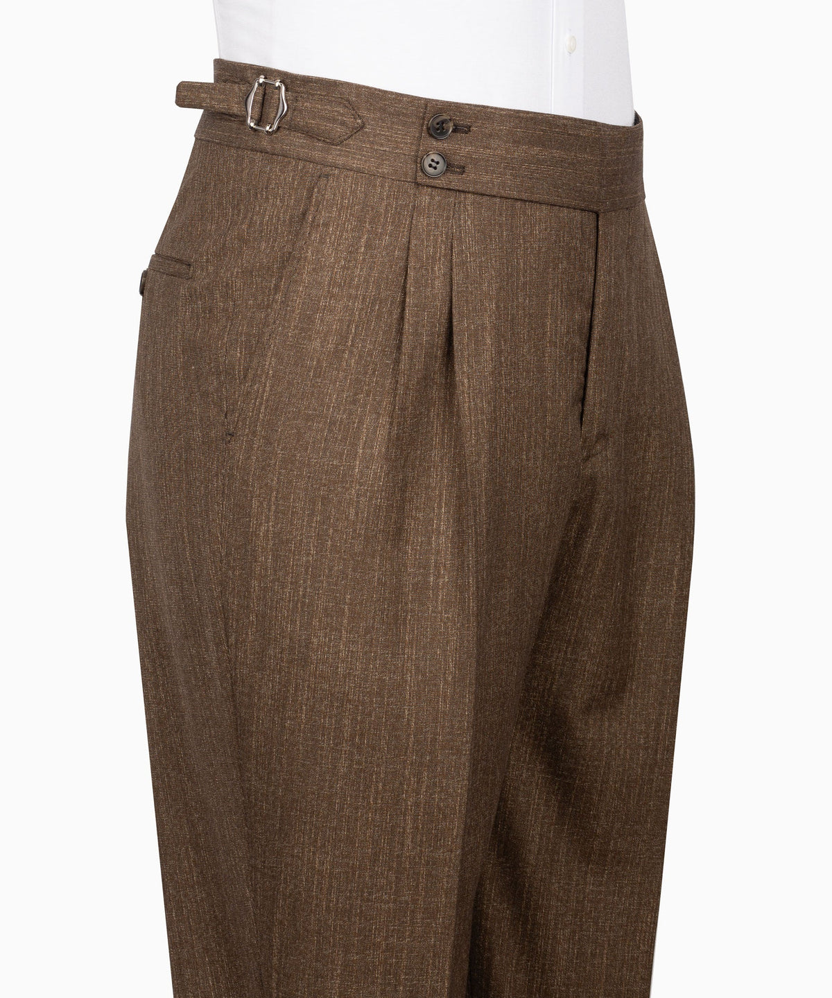 Brown plaid trousers with front pleats, belt loops, and button fly