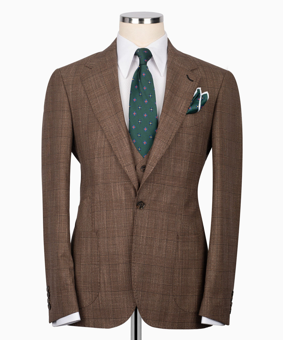 Brown plaid three-piece suit jacket and vest set with green patterned tie