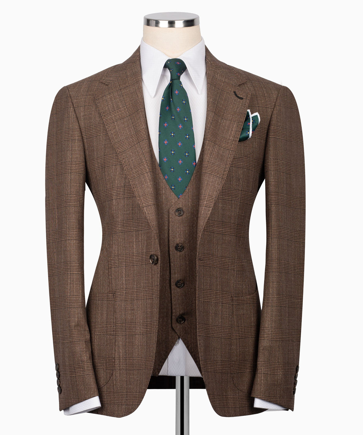 Brown plaid three-piece suit jacket with matching vest and green patterned tie