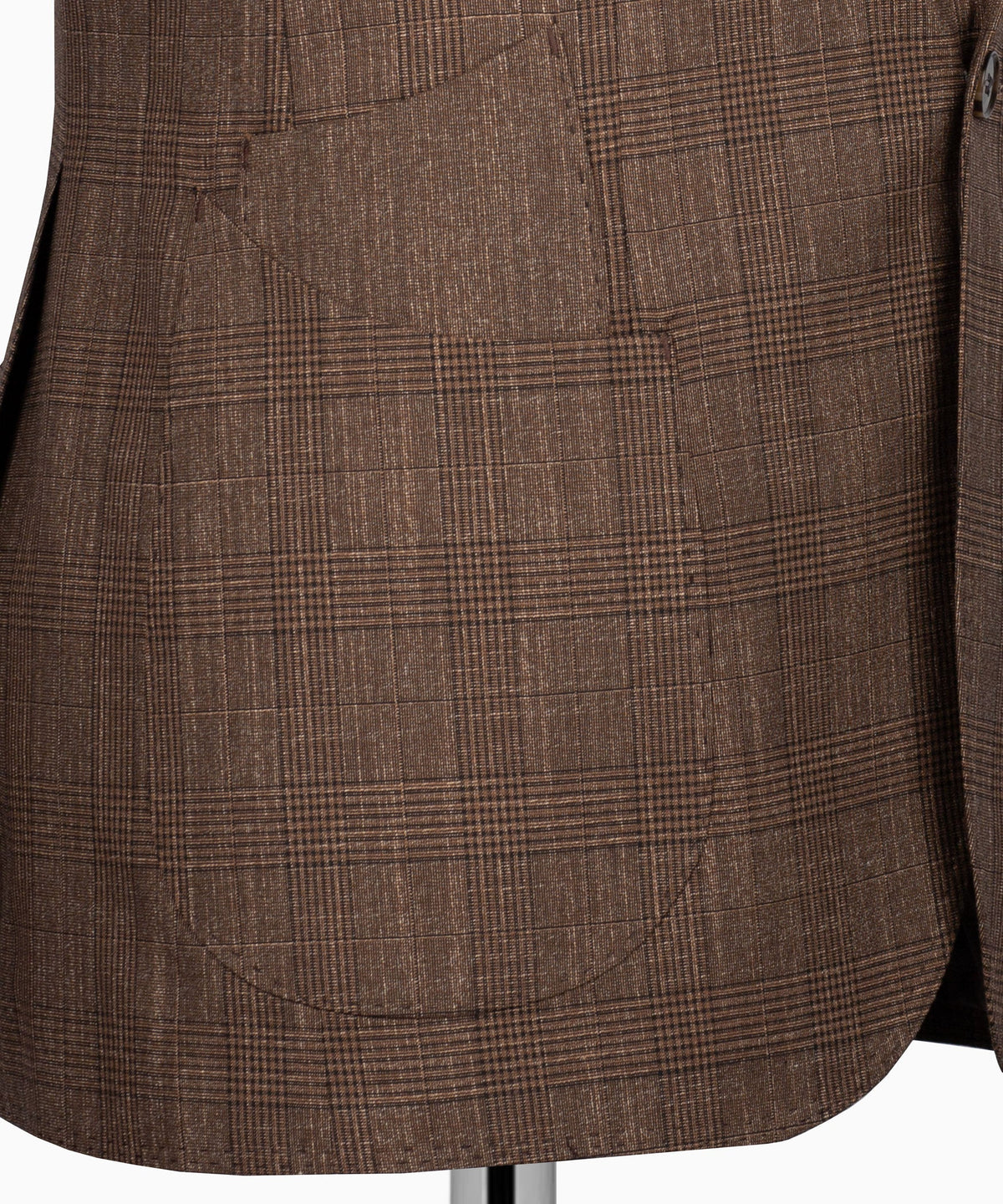 Close-up of brown plaid vest fabric texture and grid pattern