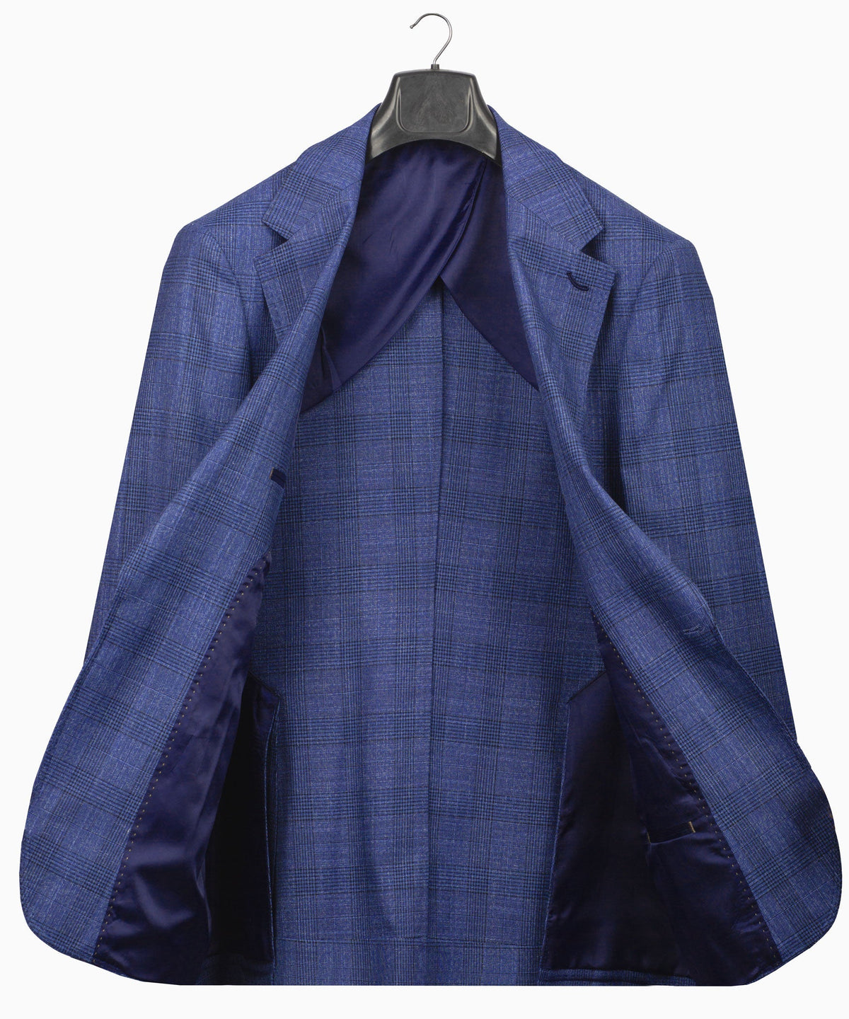 Blue plaid suit jacket lining and inner placket view on a hanger