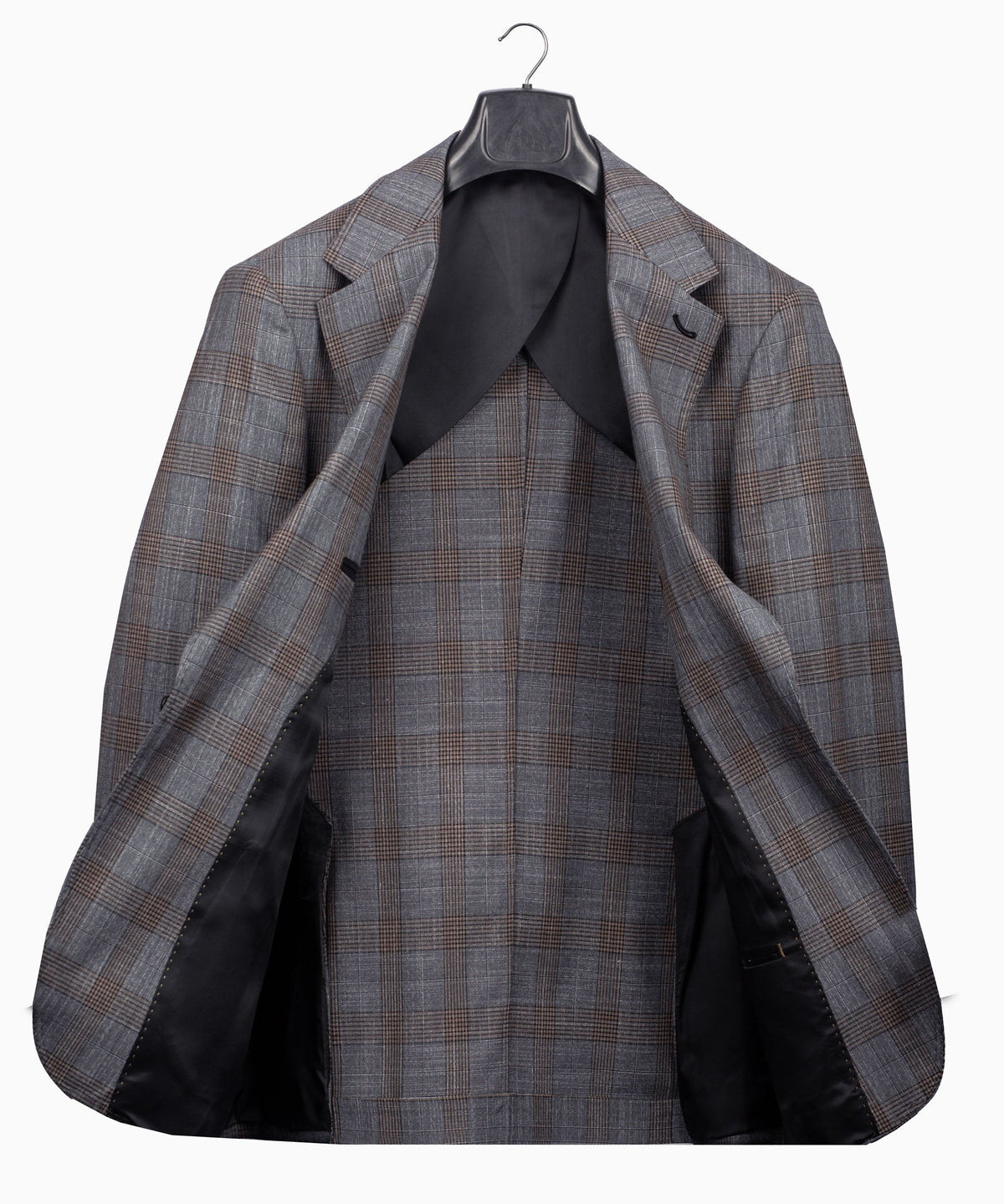 Grey plaid suit jacket hanging open, showing inner lining and front structure