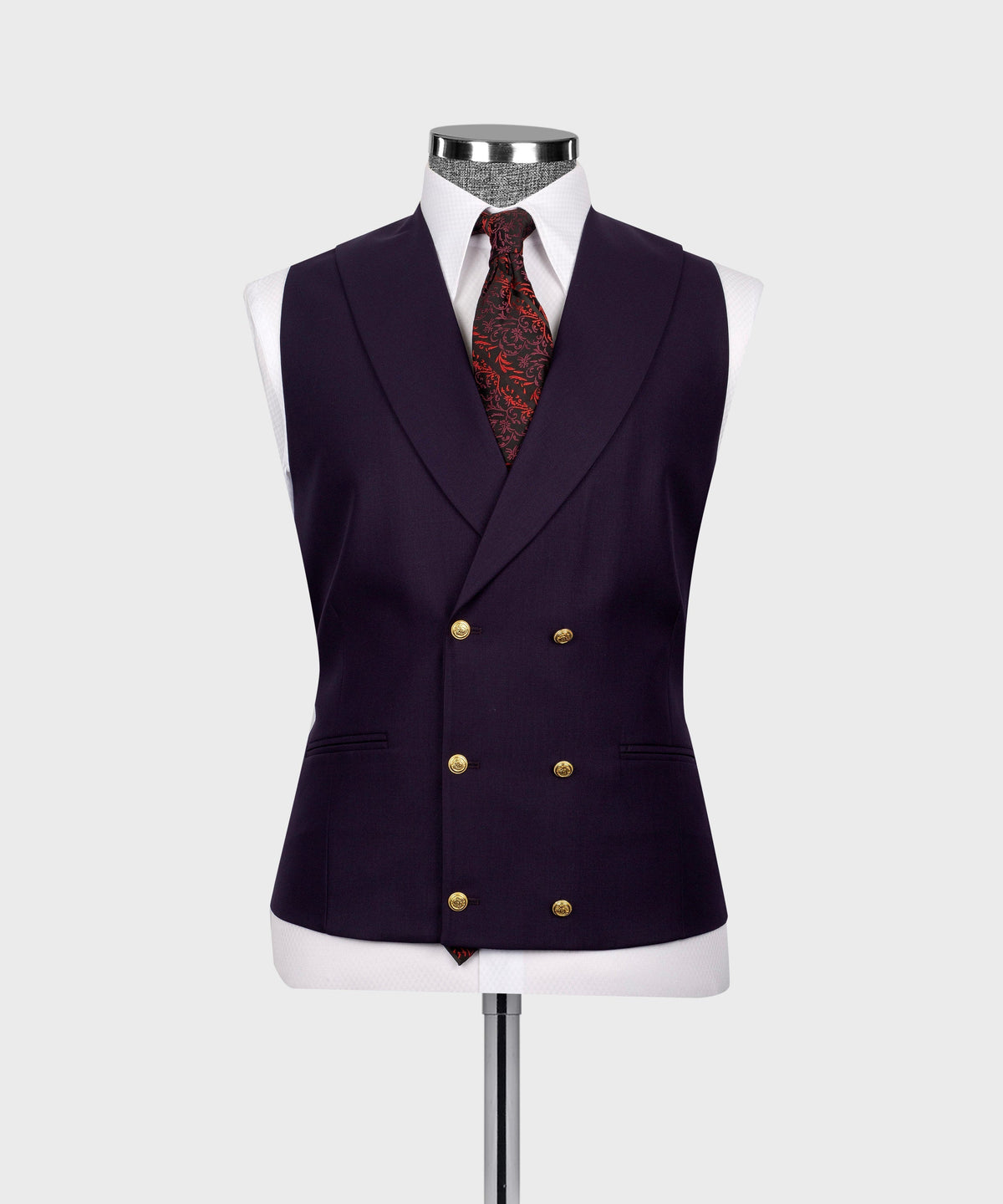 Dark purple waistcoat vest with gold-button front and red patterned tie
