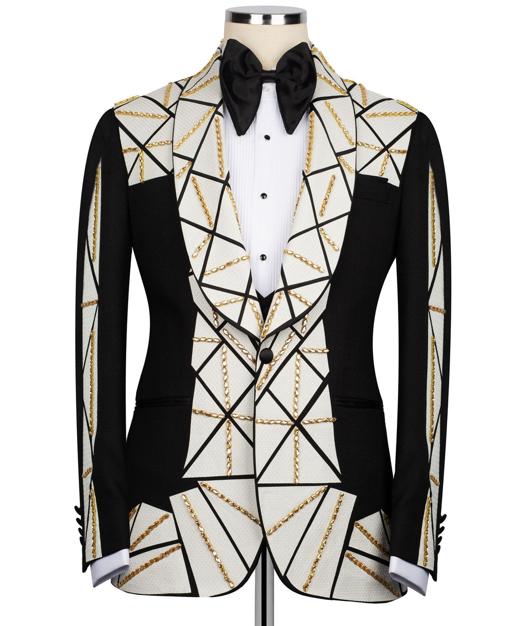 Patchwork tuxedo suit front: black blazer, white vest with buttons, oversized black bow