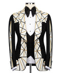 Patchwork tuxedo jacket with black bow, white patterned lapels, gold chain embroidery