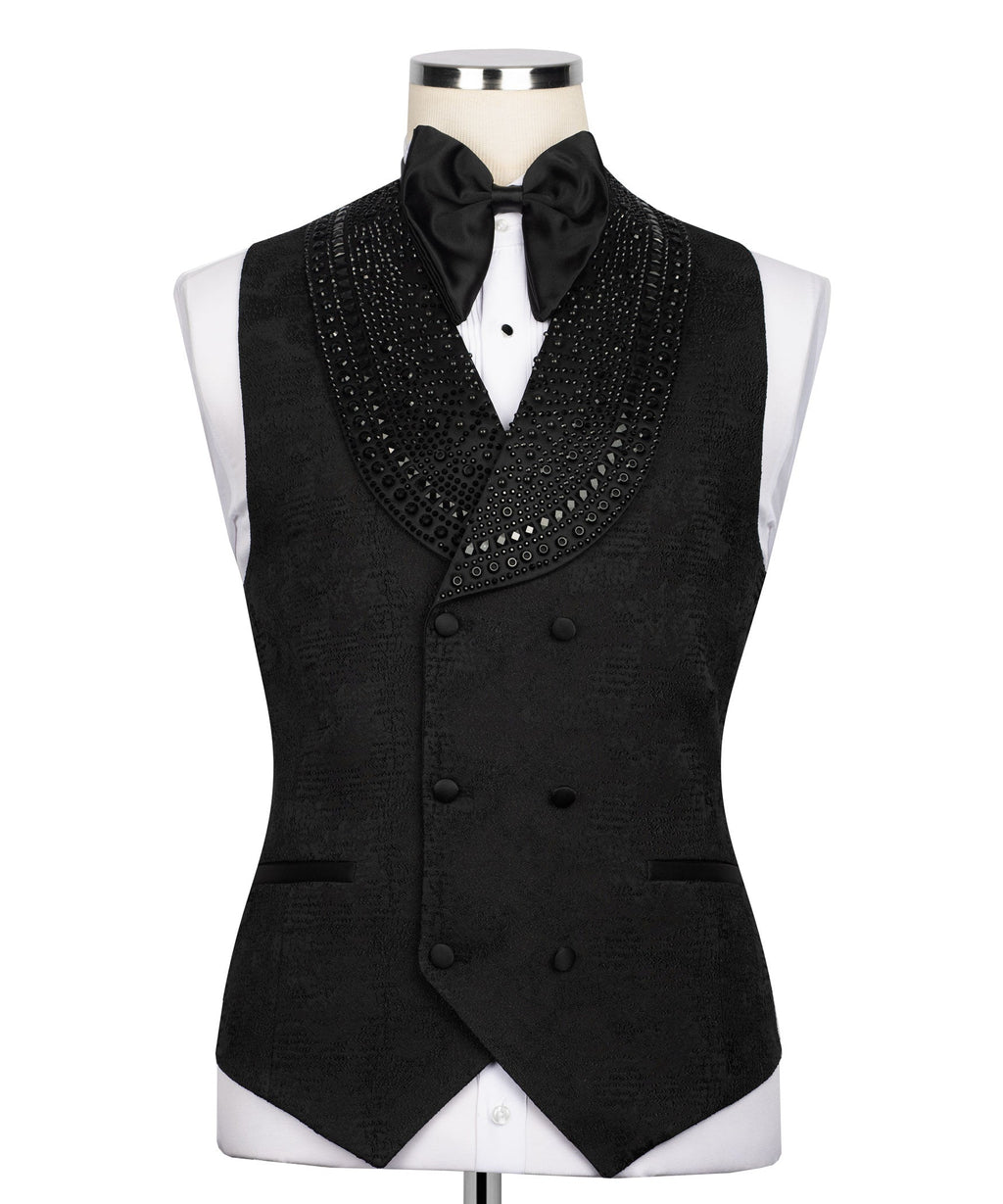 Black tuxedo vest with double-breasted buttons and jeweled trim