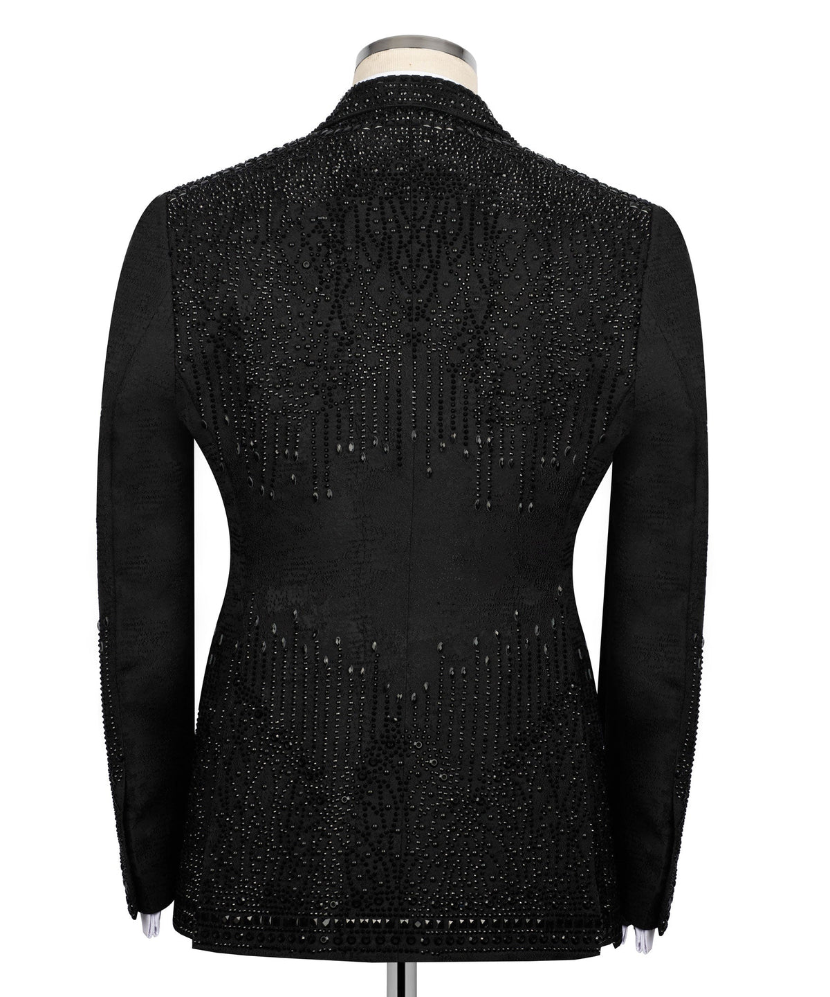 Black tuxedo jacket back view with all-over sparkle embroidery and tailored seams