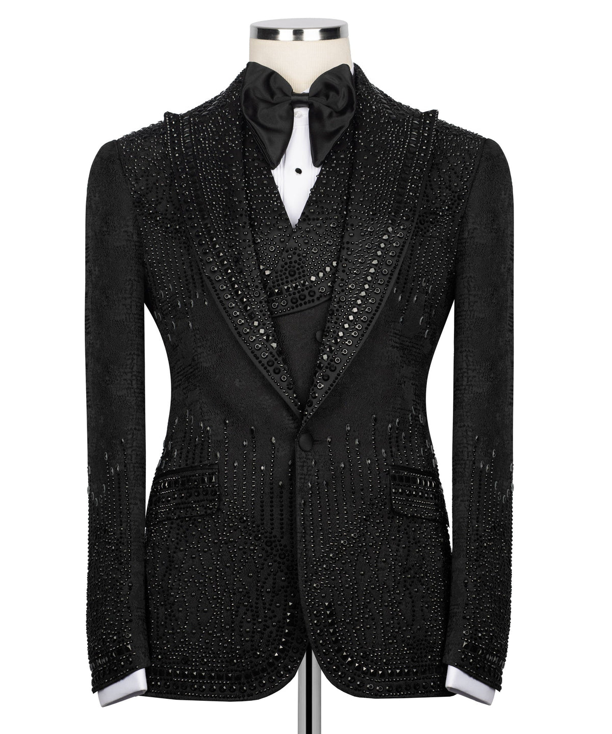 Front view black jeweled tuxedo jacket with matching vest and bow tie