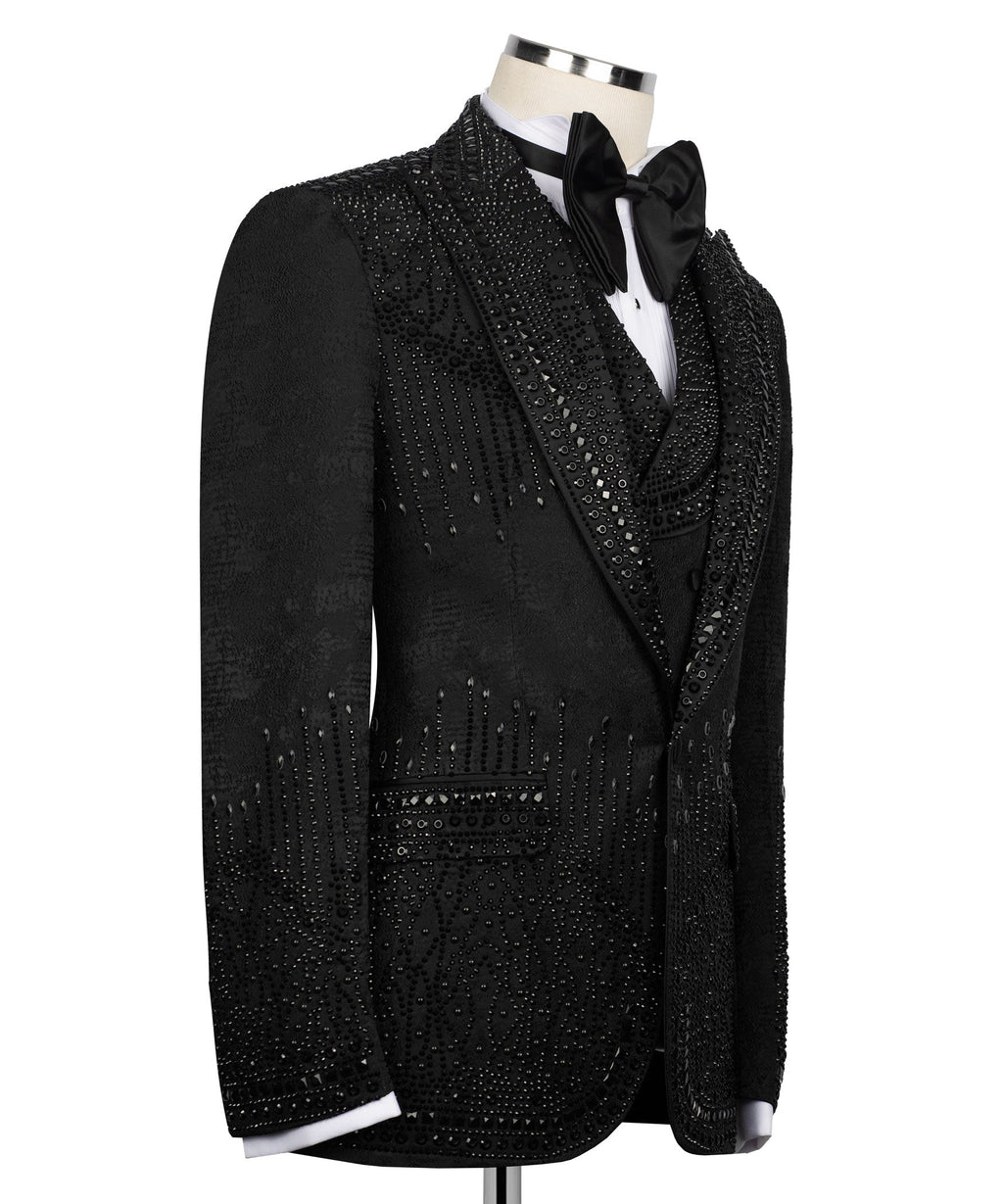 Black embellished tuxedo jacket, side view with bow tie and decorative trim