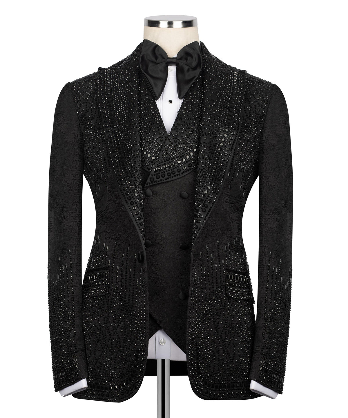Black tuxedo jacket with bow tie, stone-studded lapels and chest panels