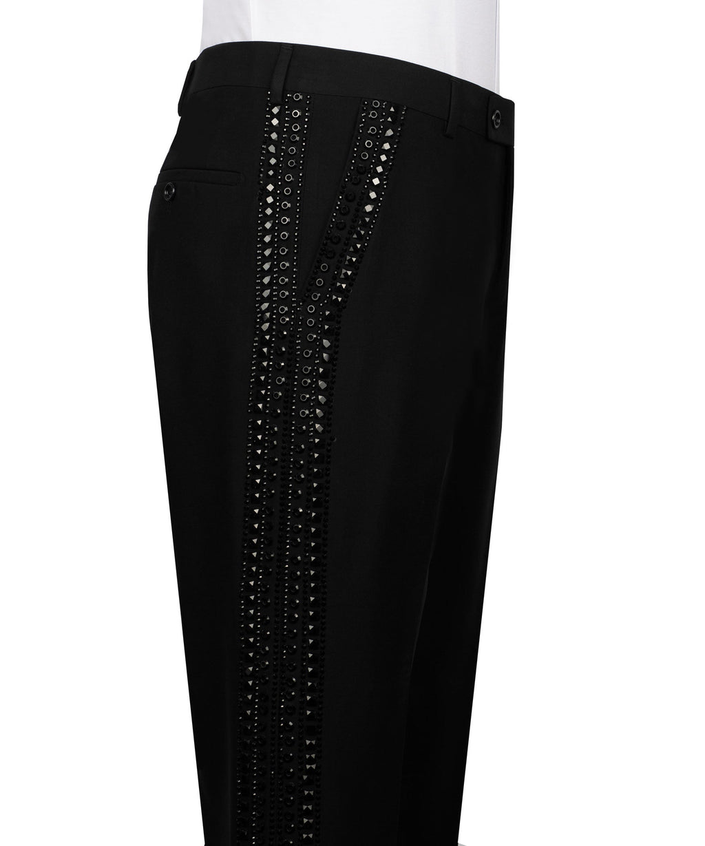 Black tuxedo trousers with jeweled stripe detail along the side seam