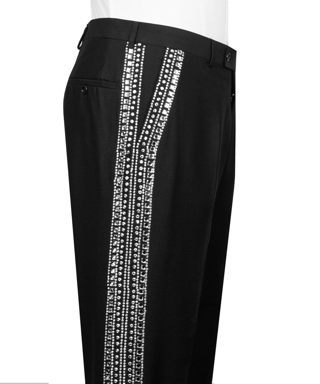 Black tuxedo trousers with vertical stone-embellished stripe on side seam