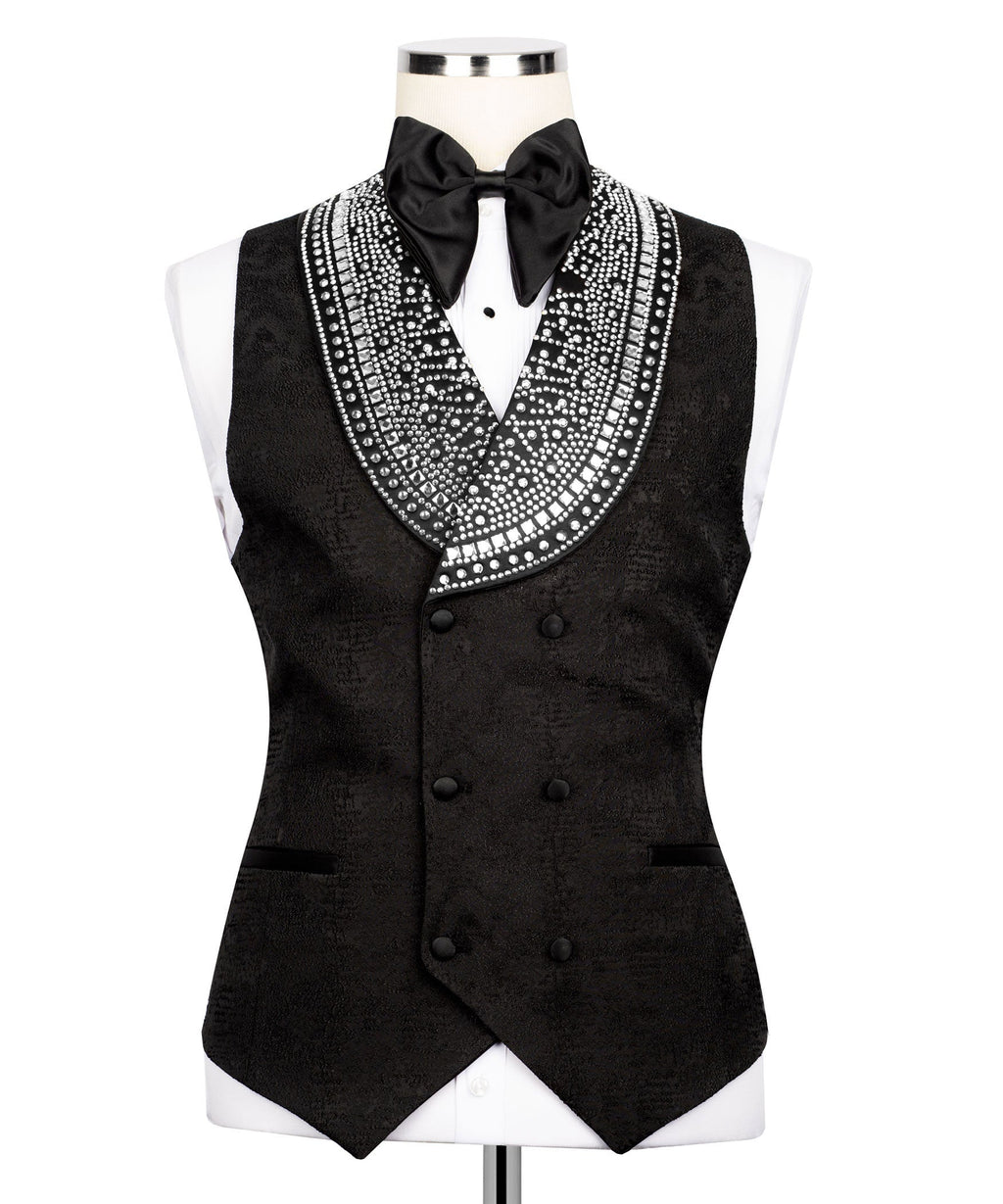 Black tuxedo vest with double-breasted buttons and stone-embellished V trim