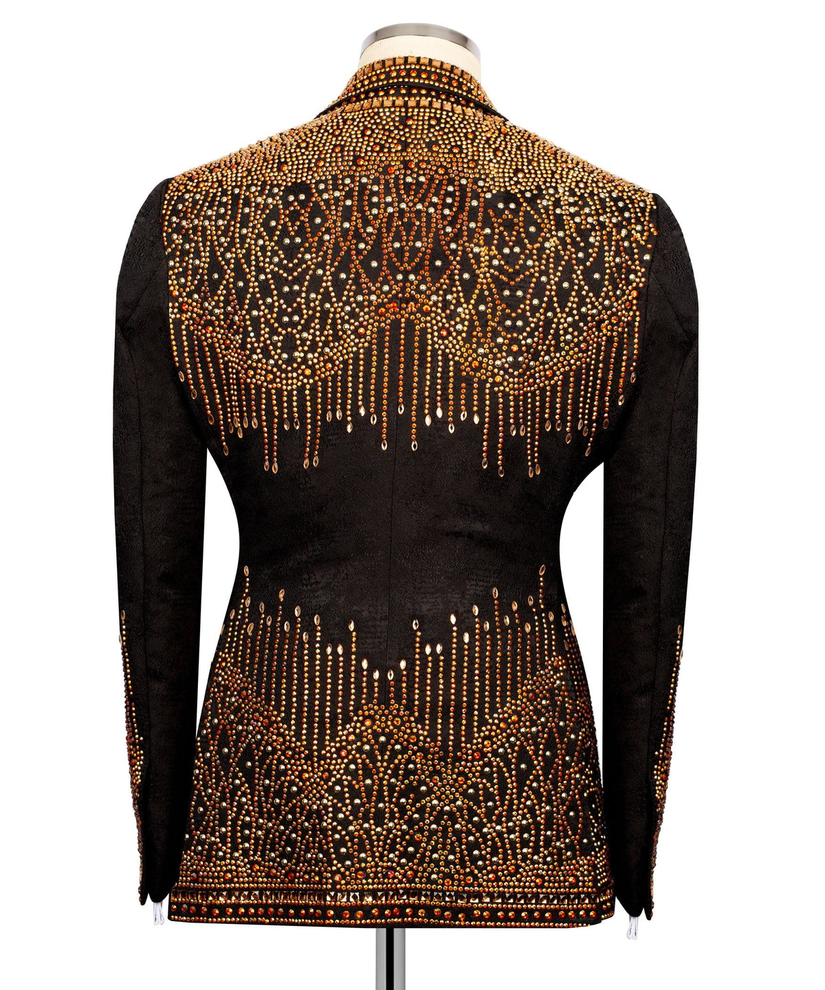Back view black tuxedo jacket with gold-red stone embroidery from shoulders to hem