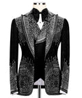 Black tuxedo jacket with stone-embossed trim and satin bow tie, slim fit