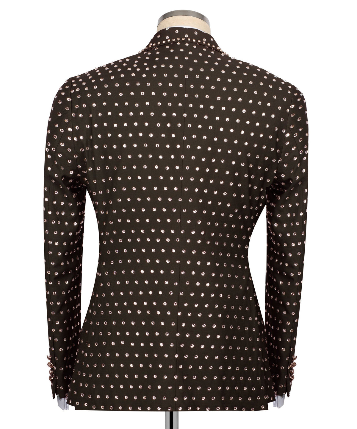 Dark tuxedo jacket back with all-over silver stone dot embroidery
