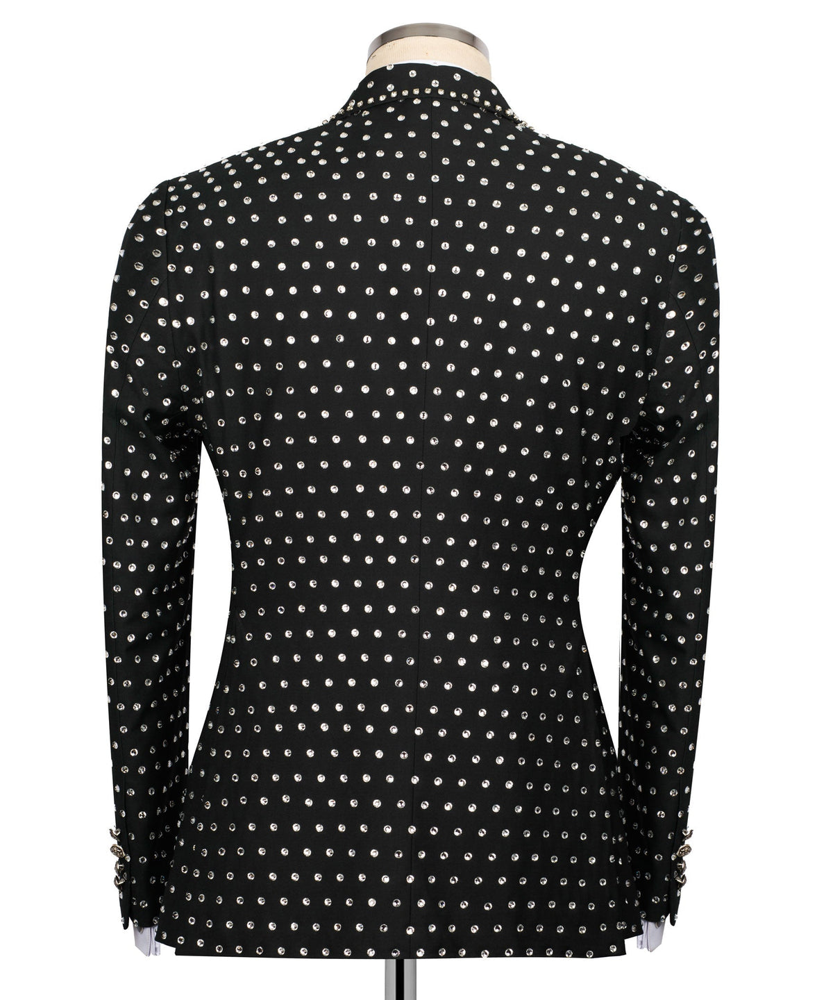 Black tuxedo jacket back with allover silver stone embroidery stripe pattern