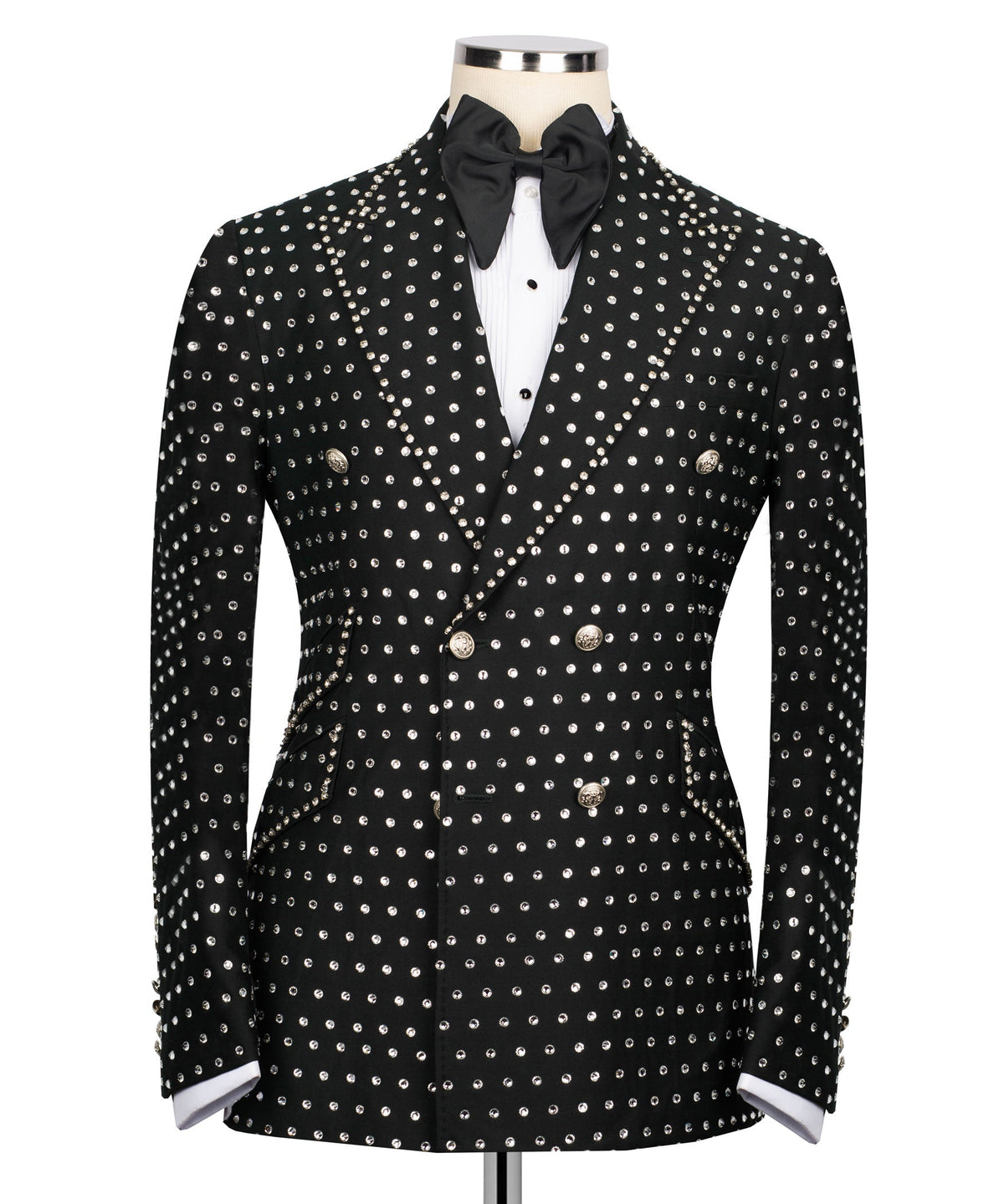 Black tuxedo jacket with silver stone embroidery and bow-tie, notch lapels
