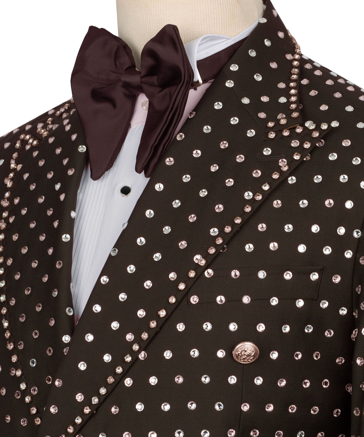 Tuxedo bow and lapel with dense silver rhinestone embroidery; white shirt collar visible