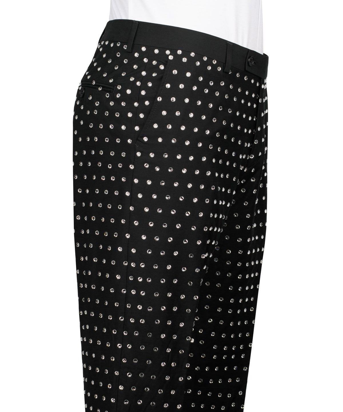 Black tuxedo trousers with allover silver stone embroidery stripe pattern