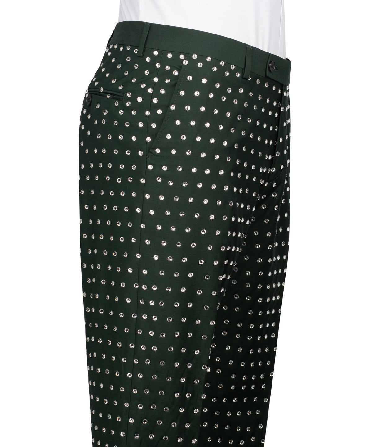 Green rhinestone dress pants with silver dotted stripe pattern