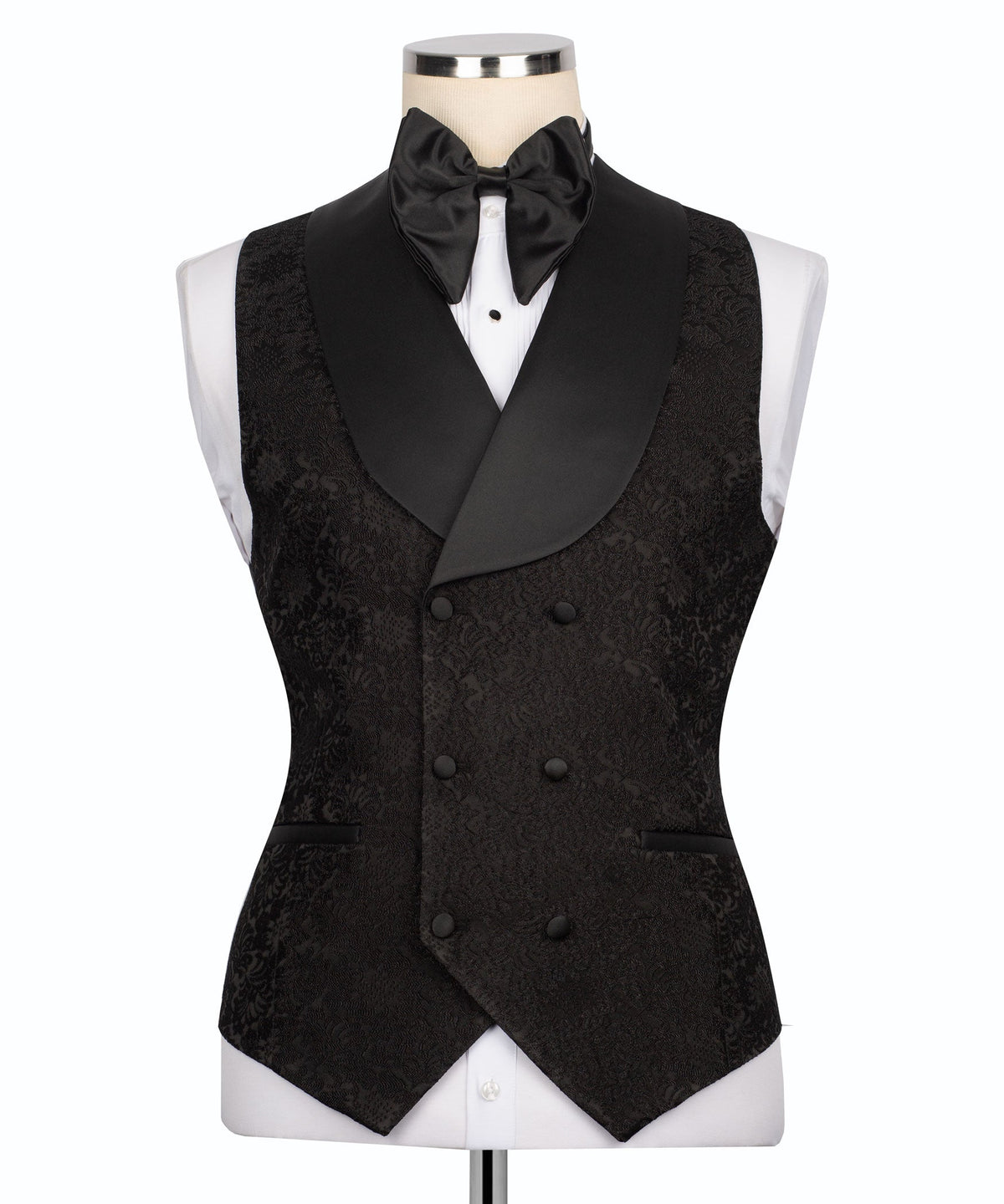 Black tuxedo vest set with satin bow tie, double-breasted buttons, subtle pattern